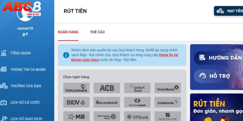 Rút tiền ABC8 sử dụng tài khoản ngân hàng